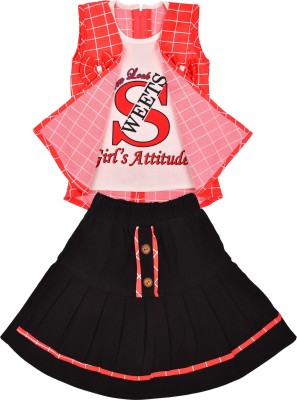 Wishkaro Girls Casual Top Skirt(Red, Black)