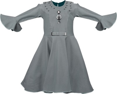 Wishkaro Girls Midi/Knee Length Casual Dress(Grey, Full Sleeve)