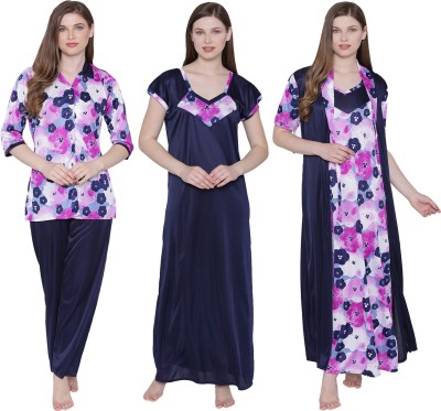 ROWENA Women Nighty Set(Purple, Dark Blue)