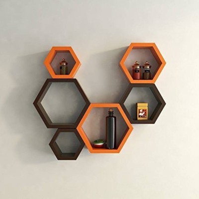 KraftStics Wooden Haxagon Wall Shelf Number Of Shelf 6 (Brown, Orange) Wooden Wall Shelf(Number of Shelves - 6, Orange, Brown)