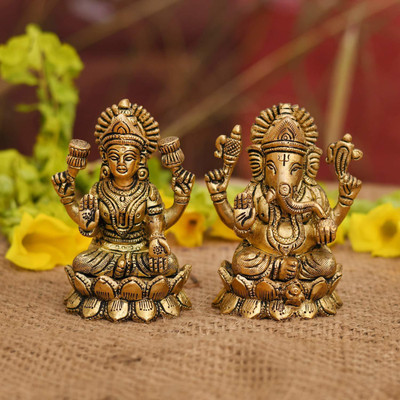 Collectible India Brass Laxmi Ganesh Set Idol Showpiece - Gold Lakshmi Ganesha Decorative Showpiece - 10 cm(Brass, Gold)