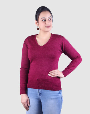 Ogarti Solid V Neck Casual Women Purple Sweater