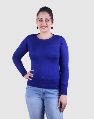 Ogarti Solid Round Neck Casual Women Blue Sweater