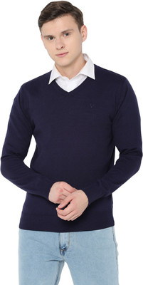 Allen Solly Solid V Neck Casual Men Blue Sweater