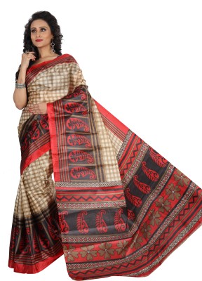 SVB Sarees Printed Assam Silk Art Silk Saree(Beige)