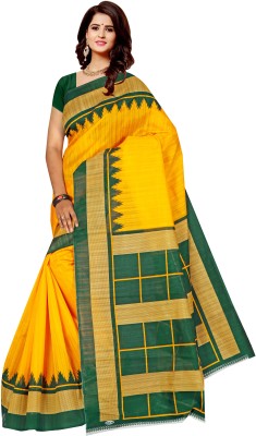 Grubstaker Printed Kanjivaram Silk Blend Saree(Yellow)