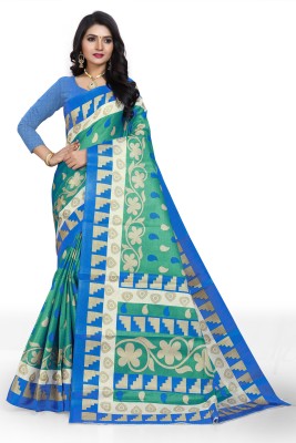 Grubstaker Printed Daily Wear Silk Blend Saree(Blue)