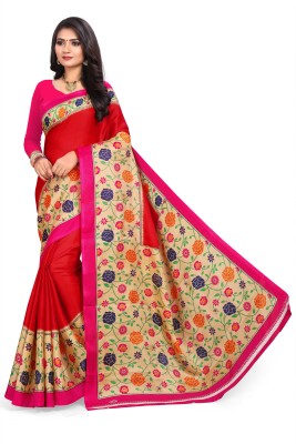 Grubstaker Floral Print Kalamkari Silk Blend Saree(Red)