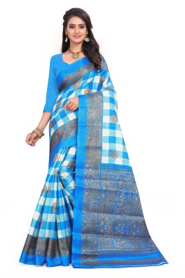 Grubstaker Floral Print Kalamkari Silk Blend Saree(Light Blue)