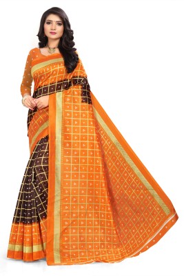 SVB Sarees Checkered Bandhani Art Silk Saree(Brown, Orange)