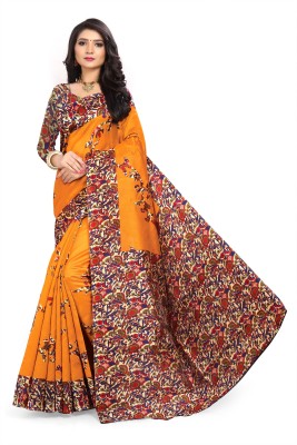 Grubstaker Floral Print Kalamkari Silk Blend Saree(Yellow)