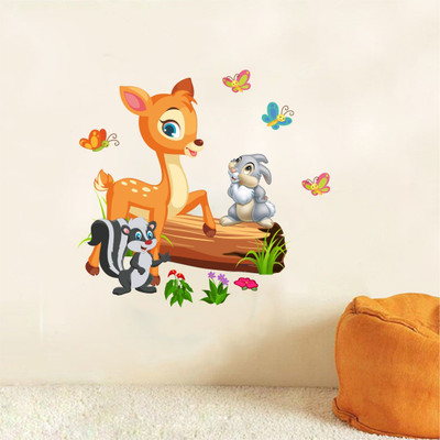 Decal O Decal 85 cm ' Deer,Rabbit and Squirrel with Butterfly ' Kids Nursery Wall Stickers Self Adhesive Sticker(Pack of 1)
