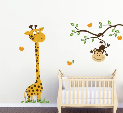 Decal O Decal 120 cm ' Baby giraffe with monkey on a branch ' Kids Nursery Wall Stickers Self Adhesive Sticker(Pack of 1)