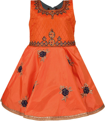 Wishkaro Girls Midi/Knee Length Party Dress(Orange, Sleeveless)