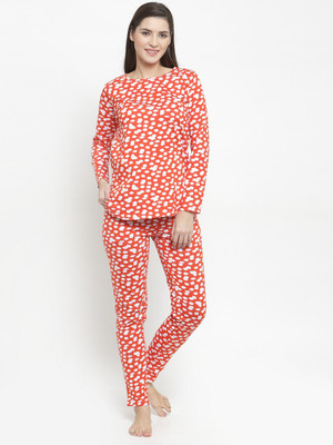 Claura Women Printed Orange Night Suit Set