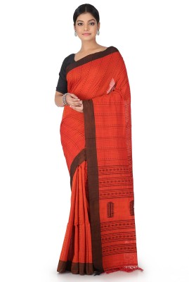 PinkLoom Woven Handloom Handloom Cotton Blend Saree(Orange)