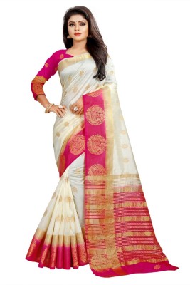 Jumki Fashion Woven Kanjivaram Silk Blend Saree(White)