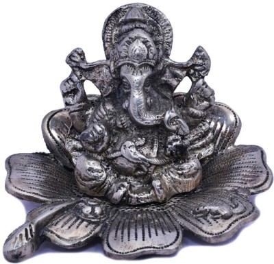 Crafticia Crafticia Oxidised Metal Lord Ganesha Sitting On Flower Idol Sculpture Statue for Puja Vastu Figurine Decorative Showpiece (12X10X7 cm, Silver) Decorative Showpiece  -  14 cm(Brass, Silver)