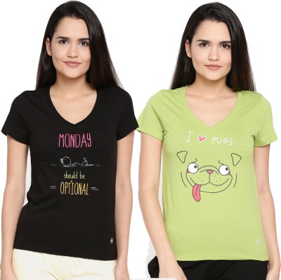 Dollar Missy Printed Women V Neck Green, Black T-Shirt