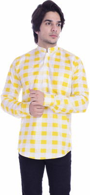 BASE 41 Men Checkered Straight Kurta(Yellow)