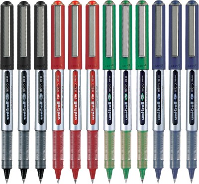 uni-ball Eye UB 150 | Tip Size 0.5 mm | Comfortable Grip | For School & Office Use | Roller Ball Pen(Pack of 12, Blue, Black, Red, Green)