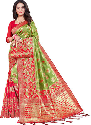 Krishna R fashion Woven Bollywood Jacquard Saree(Red, Light Green)