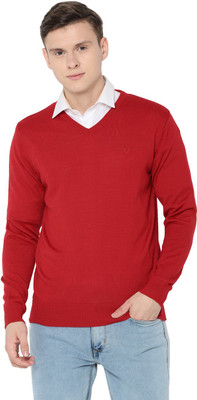 Allen Solly Self Design V Neck Casual Men Red Sweater