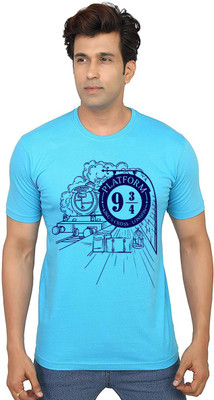 Aseria Printed Men Round Neck Light Blue T-Shirt