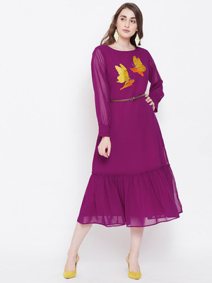 BITTERLIME Women A-line Purple Midi/Calf Length Dress