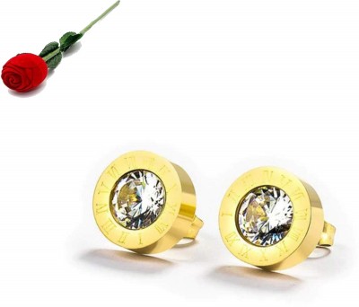 MYKI Super Girl Roman Numbers Stainless Steel Earring for Women & girls (Gold) with Rose Box Packaging Cubic Zirconia Metal Stud Earring