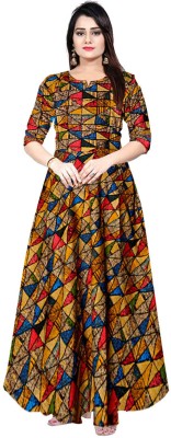 MUDRIKA Flared/A-line Gown(Blue, Yellow)