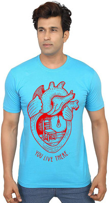Aseria Graphic Print Men Round Neck Light Blue T-Shirt
