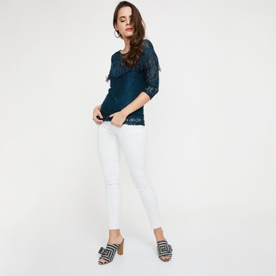 CODE by Lifestyle Casual Regular Sleeve Self Design Women Dark Blue Top