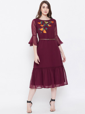 BITTERLIME Women A-line Maroon Midi/Calf Length Dress