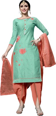 DnVeens Cotton Blend Embroidered, Embellished Kurta & Patiyala Material