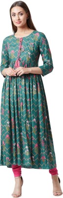 Tissu Women Floral Print Flared Kurta(Green)