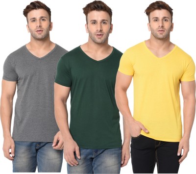 Adorbs Solid, Self Design Men V Neck Dark Green, Grey, Yellow T-Shirt