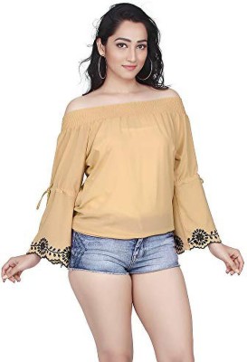 GO.4.IT Casual Bell Sleeve Embroidered Women Beige Top