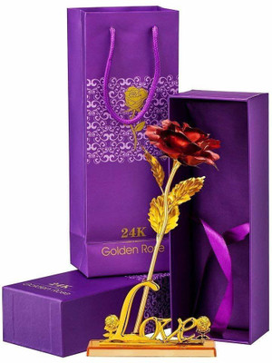 GIFTCITY Artificial Red rose with love stand without blue box Red, Gold Rose Artificial Flower  with Pot(10 inch, Pack of 1, Single Flower)