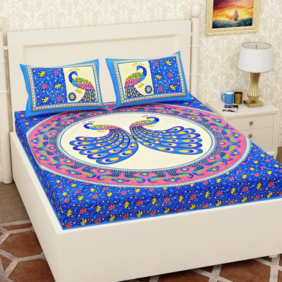 Pankaja Creation 144 TC Cotton Double Printed Flat Bedsheet(Pack of 1, Blue, Pink)