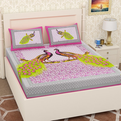 Biloniya creation 144 TC Cotton Double Printed Flat Bedsheet(Pack of 1, Pink)