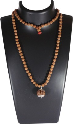 SHIVOHAM 11 Mukhi Guru Mani / Bead (5 Mukhi Rudraksha Mala) Silver Cap - Lab Certified Wood Necklace