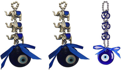 Ryme Combo Of 2 Elephant Evil Eye And 1 3 Om Evil Eye Wall Hanging For Home Protection (Pack Of 3) Decorative Showpiece  -  17 cm(Glass, Blue, Silver)
