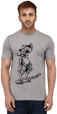 Aseria Printed Men Round Neck Grey T-Shirt