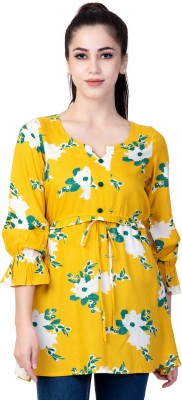 God Bless Casual Puff Sleeve Printed Women Yellow Top