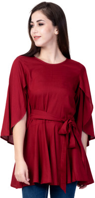 God Bless Casual Petal Sleeve Solid Women Maroon Top