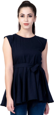 God Bless Casual Cap Sleeve Solid Women Dark Blue Top