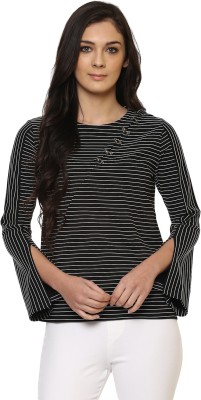 MODA ELEMENTI Casual Full Sleeve Striped Women Black Top