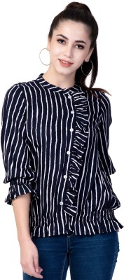 God Bless Casual Bell Sleeve Striped Women Dark Blue Top