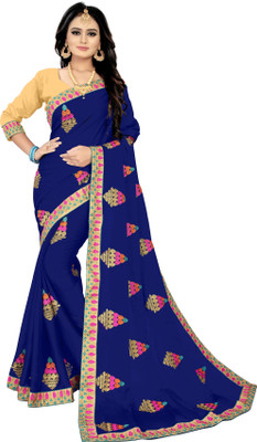BHAKTI BHUSHAN CREATION Embroidered Bollywood Silk Blend, Polyester Saree(Blue)